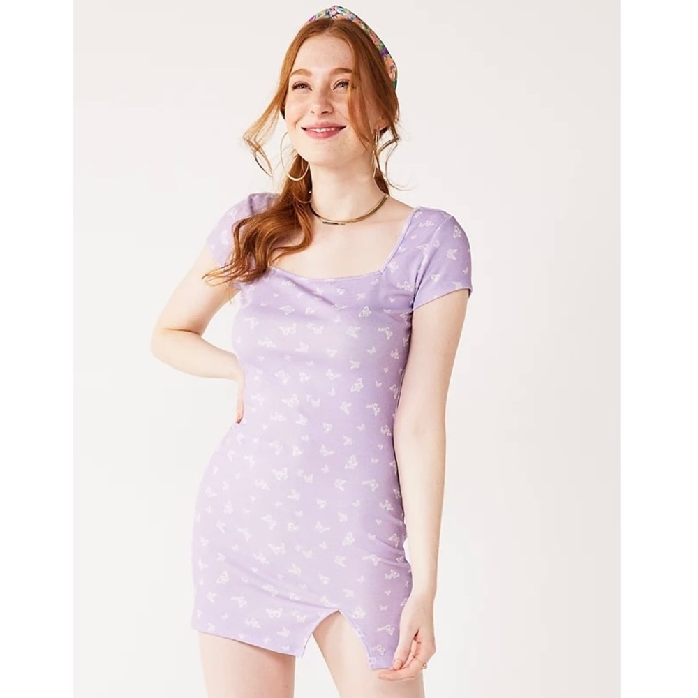NWT Purple Dress Square Neck Bodycon Mini Dress Large PURPLE BUTTERFLY [L]